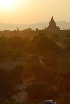 pagodas in bagan at sunset