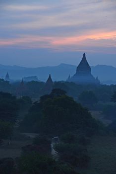 pagodas in bagan at sunset