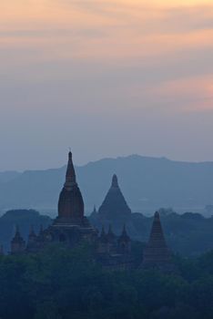 pagodas in bagan at sunset