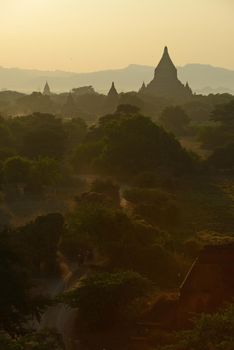 pagodas in bagan at sunset