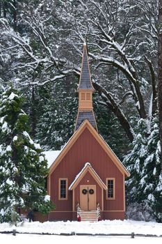 yosemite chapel or church in snow