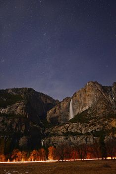 yosemite falls at night with star