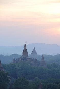 pagodas in bagan at sunset