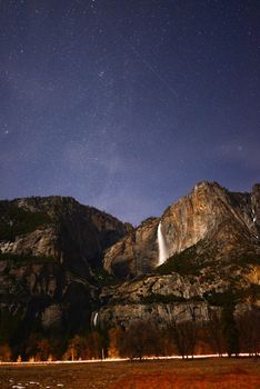 yosemite falls at night with star