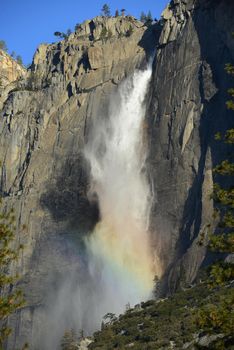 yosemite falls with rainbow in the morning