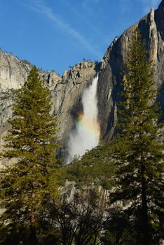 yosemite falls with rainbow in the morning