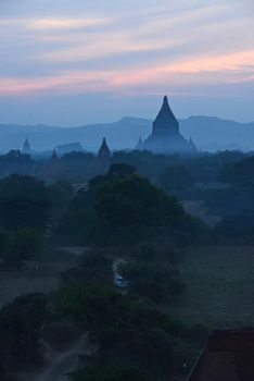 pagodas in bagan at sunset