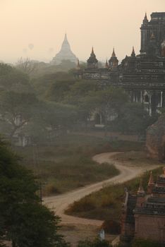 pagoda field in bagan myanmar in the morning