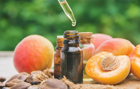 apricot oil in a small jar. selective focus. nature.