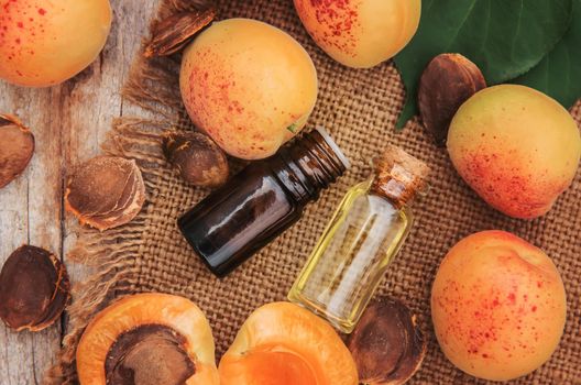 apricot oil in a small jar. selective focus. nature.