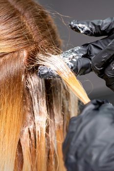Hands of the hairdresser are applying the dye with gloved fingers on the red hair of a young red-haired woman in a hairdresser salon, close up