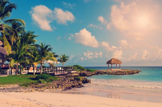 Tropical Paradise. Dominican Republic, Seychelles, Caribbean, Mauritius, Philippines, Bahamas. Relaxing on remote Paradise beach. Vintage.