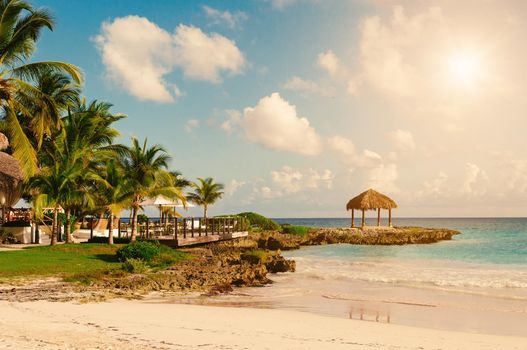 Tropical Paradise. Dominican Republic, Seychelles, Caribbean, Mauritius, Philippines, Bahamas. Relaxing on remote Paradise beach. Vintage.