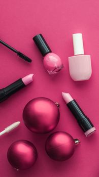 Cosmetic branding, fashion blog cover and girly glamour concept - Make-up and cosmetics product set for beauty brand Christmas sale promotion, luxury pink flatlay background as holiday design