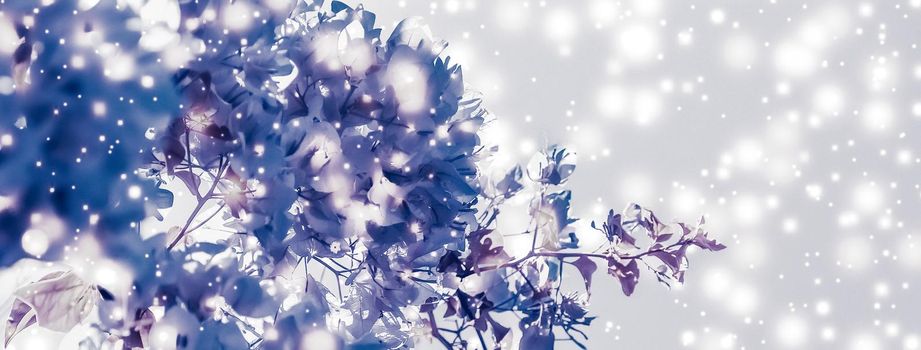 Magical, branding and festive concept - Christmas, New Years purple floral nature background, holiday card design, flower tree and snow glitter as winter season sale backdrop for luxury beauty brand