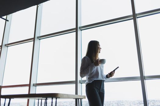 Young businesswoman wearing glasses and holding a phone. In an office or business center against the background of large windows of a skyscraper. Work and career, concept