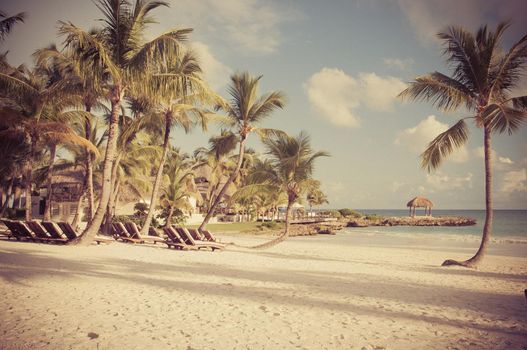 Tropical Paradise. Dominican Republic, Seychelles, Caribbean, Mauritius, Philippines, Bahamas. Relaxing on remote Paradise beach. Vintage.