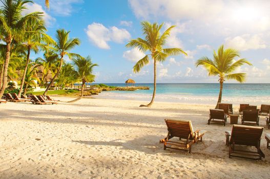 Tropical Paradise. Dominican Republic, Seychelles, Caribbean, Mauritius, Philippines, Bahamas. Relaxing on remote Paradise beach. Vintage.