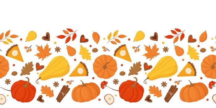 Autumn seamless border with pumpkins, apples, pears, autumn leaves, pumpkin pie, cookies on a white background. Vector illustration.
