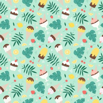 Seamless summer pattern with assorted ice cream, tropical leaves and fruits. Ideal for wallpapers, wrapping paper, fabrics. Hand drawn vector illustration.