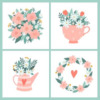 A set of templates with floral bouquets of daisies and other flowers for logo, cards and invitations for Valentine s Day, wedding, Mother s Day, birthday, etc. Vector illustration in simple cartoon style isolated on white background.