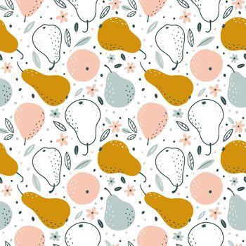 Seamless pattern with pears in Scandinavian style on a white background. Creative texture for fabric, wrapping, textile, wallpaper. Vector illustration.