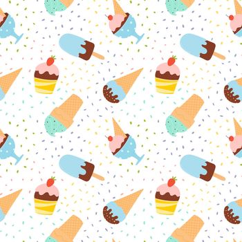 Seamless pattern with a variety of ice creams with fruits and chocolate. Summer vector pattern on white background.
