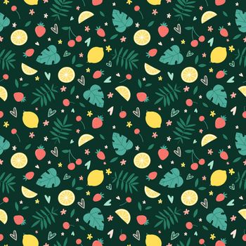 Seamless pattern with summer fruits, flowers and tropical leaves on a dark green background. Suitable for fabric, wrapping paper, covers. Vector illustration.