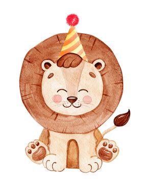 Watercolor lion in birthday hat isolated on white background. Hand drawn baby animal illustration