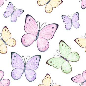 Watercolor cute butterflies seamless pattern on white background. Pastel colored print
