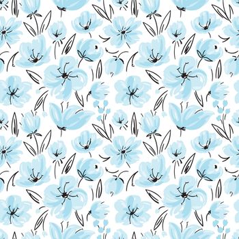 Vector seamless pattern with tender blue flowers in hand-drawn style. Floral elements, hand-drawing repeating background. Artistic background.