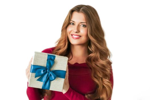 Christmas holiday present, happy woman holding a gift or luxury beauty box subscription delivery isolated on white background, portrait