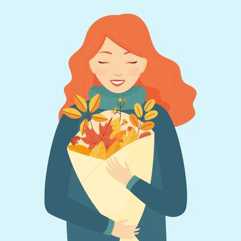 A girl with red hair and a bouquet of autumn leaves on a light blue background.