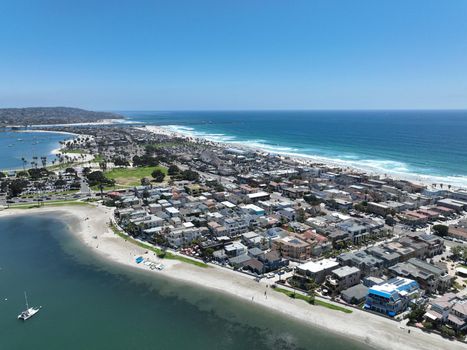 Aerial view of Mission Bay and beach in San Diego, California. USA. Famous tourist destination