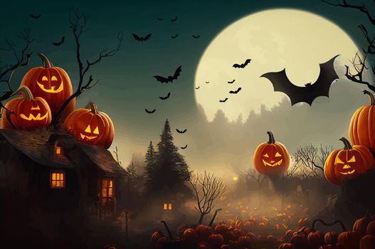 cemetery on halloween night with evil pumpkins, bats and in the background a haunted castle and the full moon. Halloween Banner illustration