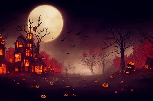 cemetery on halloween night with evil pumpkins, bats and in the background a haunted castle and the full moon. Halloween Banner illustration