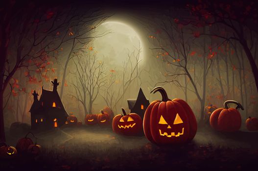 cemetery on halloween night with evil pumpkins, bats and in the background a haunted castle and the full moon. Halloween Banner illustration