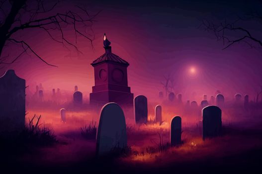 cemetery on halloween night with evil pumpkins, bats and in the background a haunted castle and the full moon. Halloween Banner illustration