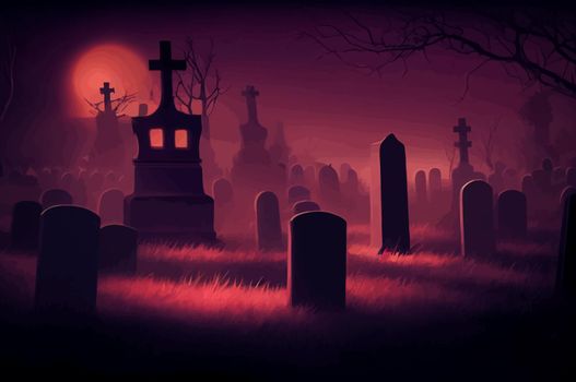 cemetery on halloween night with evil pumpkins, bats and in the background a haunted castle and the full moon. Halloween Banner illustration