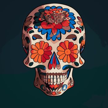 A colourful Traditional Calavera, sugar skull decorated with flowers for Day of the dead