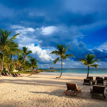 Tropical Paradise. Dominican Republic, Seychelles, Caribbean, Mauritius, Philippines, Bahamas. Relaxing on remote Paradise beach. Vintage.