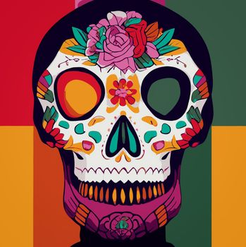 A colourful Traditional Calavera, sugar skull decorated with flowers for Day of the dead