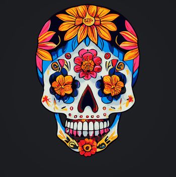 A colourful Traditional Calavera, sugar skull decorated with flowers for Day of the dead