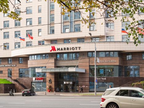 MOSCOW, RUSSIA - September 17, 2022. Main entrance of Hotel Marriott on Novy Arbat street.