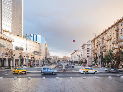 MOSCOW, RUSSIA - September 17, 2022. Car move pass Monument to the fallen defenders of democracy on Novy Arbat.