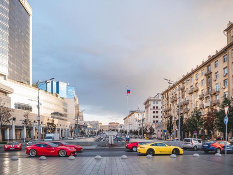 MOSCOW, RUSSIA - September 17, 2022. Car move pass Monument to the fallen defenders of democracy on Novy Arbat.