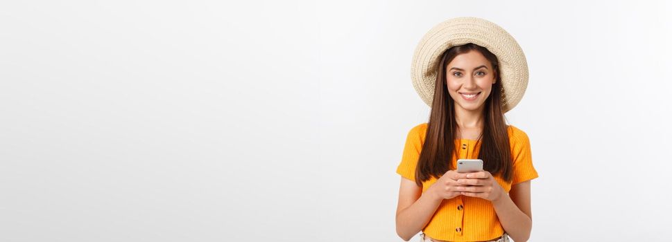 Travel concept - Close up Portrait young beautiful attractive girl wtih trendy hat and smiling. White Background. Copy space