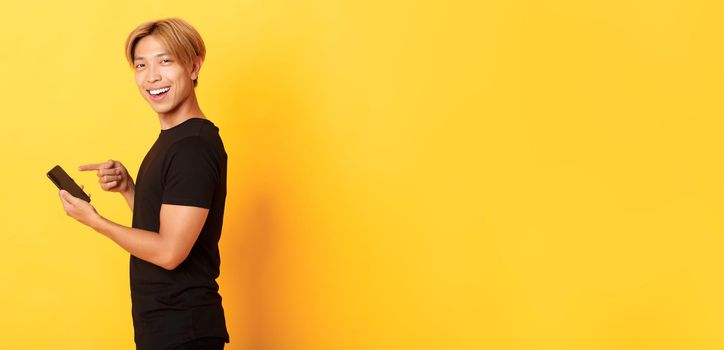 Portrait of pleased smiling handsome asian man, standing in profile and pointing finger at smartphone, recommend app, standing yellow background.