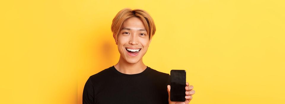 Close-up of stylish handsome korean guy showing smartphone screen and smiling pleased, recommend mobile app, standing over yellow background.