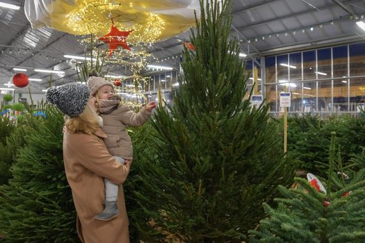 Mother and daughter choose a Christmas tree in the market.